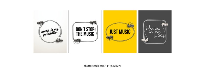 Innovative music quotation template speech bubble set in headphones quotes isolated on backdrop. Creative banner illustration set with quote frame wire with quotes headset modern design cloud remark