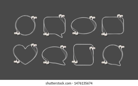 Innovative music quotation template speech bubble set in headphones quotes isolated on backdrop. Creative banner illustration set with quote frame wire with quotes headset modern design cloud remark