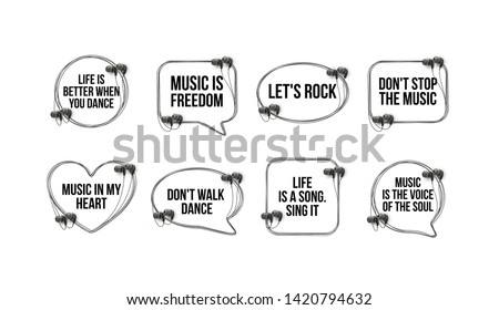 Innovative music quotation template speech bubble set in headphones quotes isolated on backdrop. Creative banner illustration set with quote frame wire with quotes headset modern design cloud remark