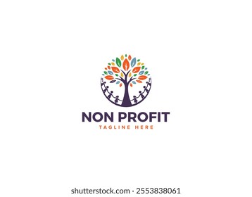 Innovative Nonprofit Logo Vector Design, Symbols of Empowerment with Circle Kids Tree Colorful Leaf