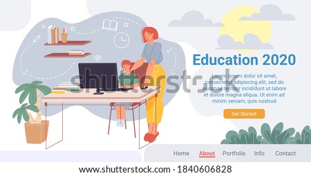 Innovative online education process landing page. New approach to teaching. Learning in comfortable condition. Home schooling plan at year. E-learning, distant graduation. Mother son study on internet