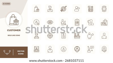 Innovative pack of 24 vector icons themed around Customer, showcasing Strong Line design in 128x128 PIXEL perfect format for modern digital solutions.