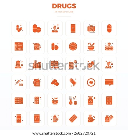 Innovative pack of 36 vector icons themed around Drugs, showcasing SolidFill design in 128x128 PIXEL perfect format for modern digital solutions.