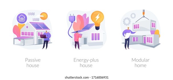 Innovative Private Construction Technologies Abstract Concept Vector Illustration Set. Passive And Energy-plus House, Modular Home, Heating Efficiency, Reducing Ecological Footprint Abstract Metaphor.