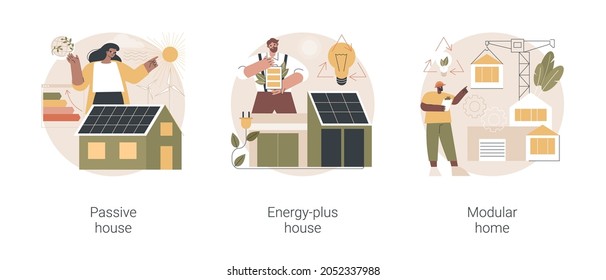 Innovative private construction technologies abstract concept vector illustration set. Passive and energy-plus house, modular home, heating efficiency, reducing ecological footprint abstract metaphor.