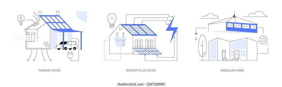 Innovative private Bautechnologien abstraktes Konzept Vektorgrafik Set. Passives und energiesparendes Haus, Baukastenzuhause, Heizeffizienz, Verringerung des ökologischen Fußabdrucks abstrakte Metapher.