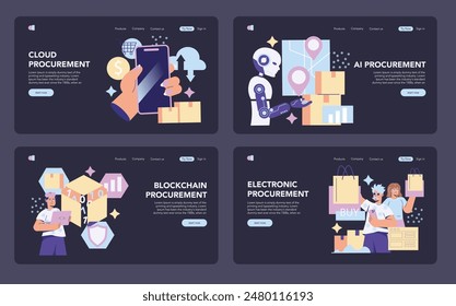 Innovative Procurement set. Showcasing cloud, AI, blockchain, and electronic methods. Digital transformation in shopping, security and automation. Vector illustration.