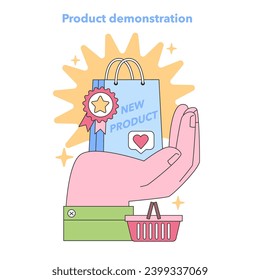 Innovative Product Reveal. A hand presenting a new item with award badge and shopping basket, symbolizing launch success. Flat vector illustration