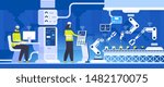 Innovative production flat vector illustration. Male and female engineers cartoon character. Modern computer technologies in manufacturing. Industry 4.0 concept. Coworkers control assembling line