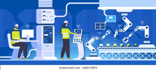 Innovative production flat vector illustration. Male and female engineers cartoon character. Modern computer technologies in manufacturing. Industry 4.0 concept. Coworkers control assembling line