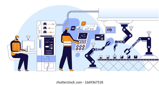 Innovative production flat vector illustration. Male and female engineers cartoon character. Modern computer technologies in manufacturing. Industry 4.0 concept. Coworkers control assembling line