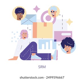 Innovative purchasing process concept. A diverse group of people interacts with modern buying elements. Digital transformation in procurement. Vector illustration.