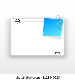 Innovative quotation template in quotes against the White backdrop. Blue paper Creative banner illustration with a quote in a frame with quotes. Blue Color paper template modern typography design.