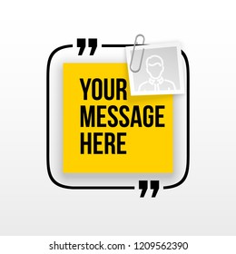 Innovative quotation template in quotes against the White backdrop. Yellow paper Creative banner illustration with a quote in a frame with quotes. Yellow Color paper template modern typography design.