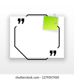 Innovative quotation template in quotes against the White backdrop. Green paper Creative banner illustration with a quote in a frame with quotes. Green Color paper template modern typography design.