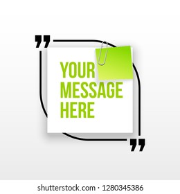 Innovative quotation template in quotes against the White backdrop. Creative banner illustration with a quote in a frame with quotes. Color paper template modern typography design.