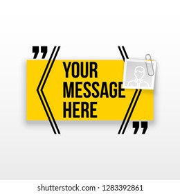 Innovative quotation template in quotes against the White backdrop. Yellow paper Creative banner illustration with a quote in a frame with quotes. Yellow Color paper template modern typography design.