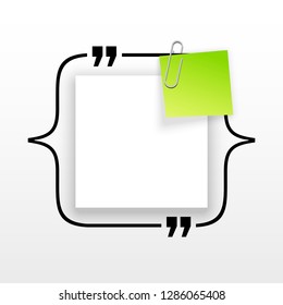 Innovative quotation template in quotes against the White backdrop. Green paper Creative banner illustration with a quote in a frame with quotes. Green Color paper template modern typography design.