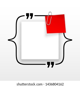 Innovative quotation template in quotes against the White backdrop. Red paper Creative banner illustration with a quote in a frame with quotes. Red Color paper template modern typography design.