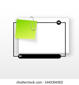Innovative quotation template in quotes against the White backdrop. Green paper Creative banner illustration with a quote in a frame with quotes. Green Color paper template modern typography design.
