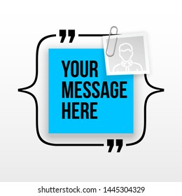 Innovative quotation template in quotes against the White backdrop. Blue paper Creative banner illustration with a quote in a frame with quotes. Blue Color paper template modern typography design.