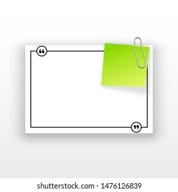Innovative quotation template in quotes against the White backdrop. Green paper Creative banner illustration with a quote in a frame with quotes. Green Color paper template modern typography design.