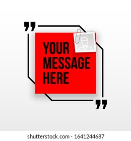 Innovative quotation template in quotes against the Red backdrop. Creative banner illustration with a quote in a frame with quotes. Red Color paper template modern typography design.