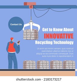 Innovative recycling technology, waste management and processing of garbage and disposable. Man on factory dealing with cubes of pressed separated sorted litter. Vector in flat style illustration