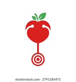 Innovative red apple logo representing healthcare and wellness through stethoscope and target symbols, ideal for medical tech and fitness branding.