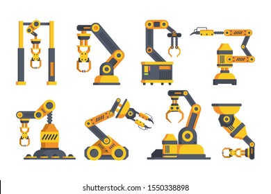 Innovative robotic arms flat vector illustrations set. Automated machinery. Collection of mechanic manipulators on plant. Factory equipment isolated cliparts color pack on white background