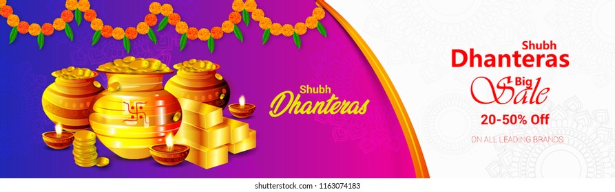 Innovative sale abstract or poster for header decorated with gold Coin Pot on shiny floral background for Shubh Dhanteras festival.