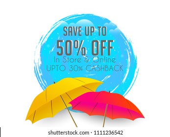 Innovative sale abstract or poster for Monsoon, Rainy Season discount 50% Off, with nice and creative design illustration.