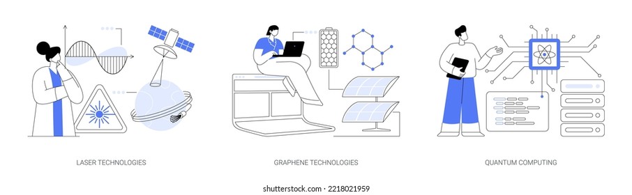 Innovative science abstract concept vector illustration set. Laser and graphene technologies, quantum computing, computer science, carbon dioxide nanomaterial, supercomputer abstract metaphor.