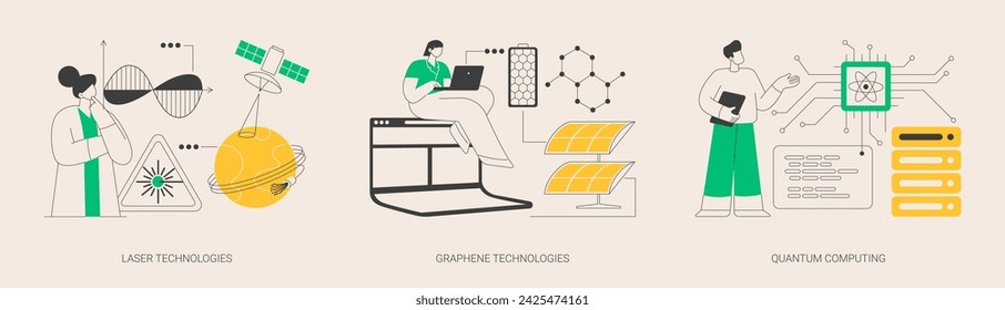 Innovative science abstract concept vector illustration set. Laser and graphene technologies, quantum computing, computer science, carbon dioxide nanomaterial, supercomputer abstract metaphor.