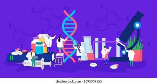 Innovative science lab people vector illustration. Cartoon flat tiny doctor scientist character making analysis in medical laboratory. Biotechnology innovation research, medicine concept background