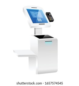 Innovative self order kiosk realistic vector illustration. Interactive payment system flat color object. Freestanding construction with touch screen technology isolated on white background