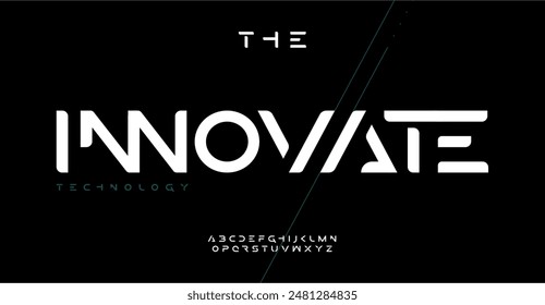 Innovative sleek alphabet, bold geometric sans serif letters, cutting-edge digital font for dynamic tech logo, powerful headline, advanced typography, future-facing typographic design. Vector typeset 