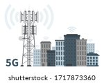 Innovative smart city of future with 5G base station mast on white background, flat vector illustration of telecommunication antennas and signal, cellular equipment and mobile data towers.