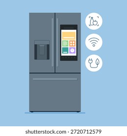 Refrigerador elegante innovador con la pantalla táctil y los iconos fijados, aislados