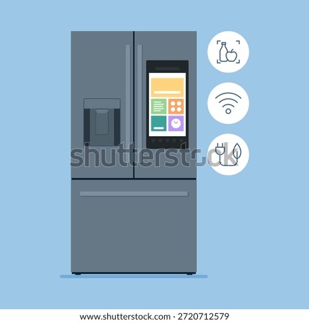 Innovative smart refrigerator with touch screen and icons set, isolated