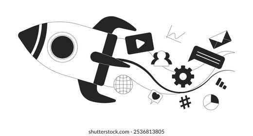 Innovative social media startup rocket black and white 2D line object. Start up business multimedia. Entrepreneurship rocketship isolated clip art vector outline item. Monochromatic spot illustration