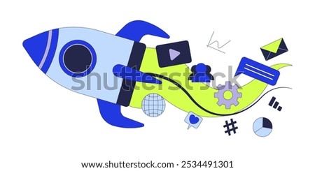 Innovative social media startup rocket 2D cartoon object. Start up business multimedia. Aspiring entrepreneurship rocketship isolated element flat vector clipart on white background. Spot illustration