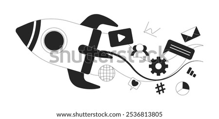 Innovative social media startup rocket black and white 2D line object. Start up business multimedia. Entrepreneurship rocketship isolated clip art vector outline item. Monochromatic spot illustration