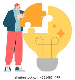 Conceito de solução inovadora. Um empresário diversificado monta um quebra-cabeça de lâmpada, representando ideias engenhosas e estratégia. Criatividade na resolução de problemas corporativos. Ilustração vetorial.
