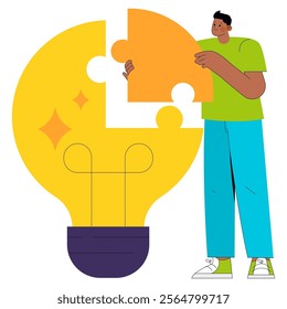 Innovative Solution concept. A youthful entrepreneur assembles a lightbulb puzzle, embodying idea development. Ingenuity in business strategy. Vector illustration.