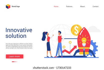 Innovative solution, creative business idea vector illustration. Cartoon flat website interface design with starting rocket, light bulb, money, successful innovation or business project startup symbol