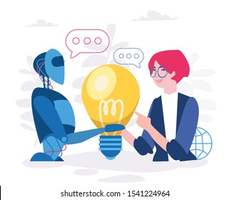 Innovative solution, creative idea, woman and robot working together. AI, artificial intelligent. Vector illustration for web, print, presentation.