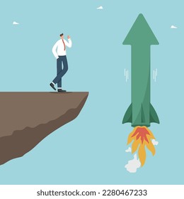Innovative solution or invention of a product, riskiness of a new business or investment, vision of their profitability and quick payback, man stands on a rock and looks at a rocket arrow taking off.