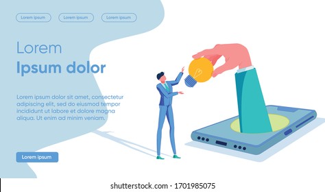Innovative Solution and Problem Solving Decision Strategy for Business. Businessman Cartoon CHaracter getting Idea from Mobile Consulting and Planning Services Application. Flat Vector Illustration.
