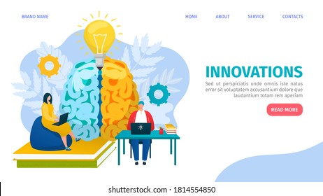 Innovative solution, web business services, management and analytics, innovators testimonial webpage design template, landing vector illustration. Innovation and development website, creative startup.